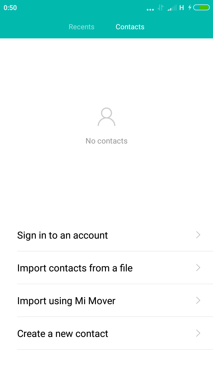 the contacts button is about two cm below the top edge to the slight right. the recents button is horizontally left. about one third from the bottom of the screen there are four bars that stretch from the left of the screen to the right and about 1cm thick. sign into account, import contacts from file, import using Mi mover, create a new contact