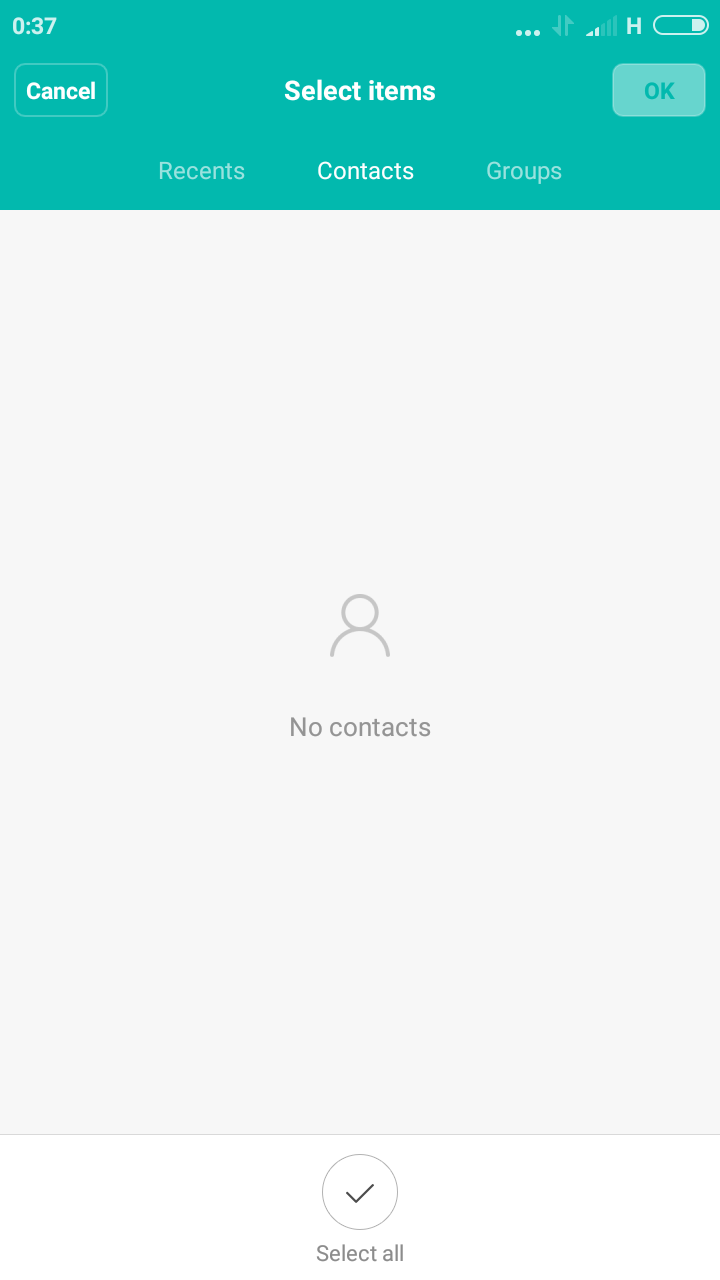 choose a contact. keyboard hidden. there is a cancel button in the top left hand corner about 1 cm from the top and about half cm from the left. on the right of the screen directly opposite is an ok button below that are three buttons. recents, contacts and groups. at the bottom of the screen about 1,5 cm from the bottom edge and in the center is a select all button