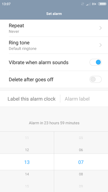 the cancel button is about 1,5cm from the top of the phone and 5mm from the left of the phone. The ok button is on the opposite right side of the phone. there are the following buttons, repeat, ring tone, vibrate when alarm sounds, delete after goes off. each button stretches from the left side of the screen about 1 cm high. they start bellow the cancel and ok buttons. bellow those buttons you are able to label this alarm clock to the right of the button.