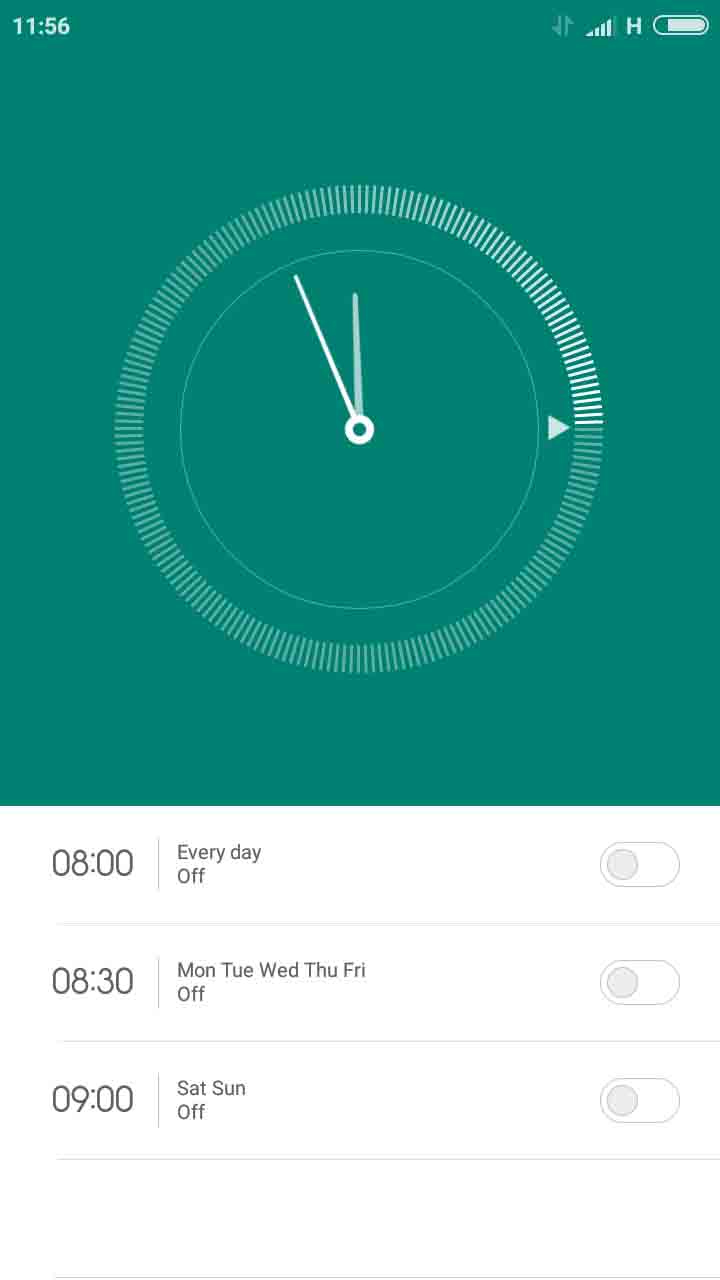 your headings on top. the are about 2 cm from the top edge. alrams on the left, clock, stopwatch, timer and unlabeled button. there is an analogue imitiation done in digital and it takes up to just under half the screen. below them are bars with the alarm times. in the bottom right corner about 2 cm from the bottom edge and half cm from the right edge.  this button takes you to set alarms page. at the end of the bat