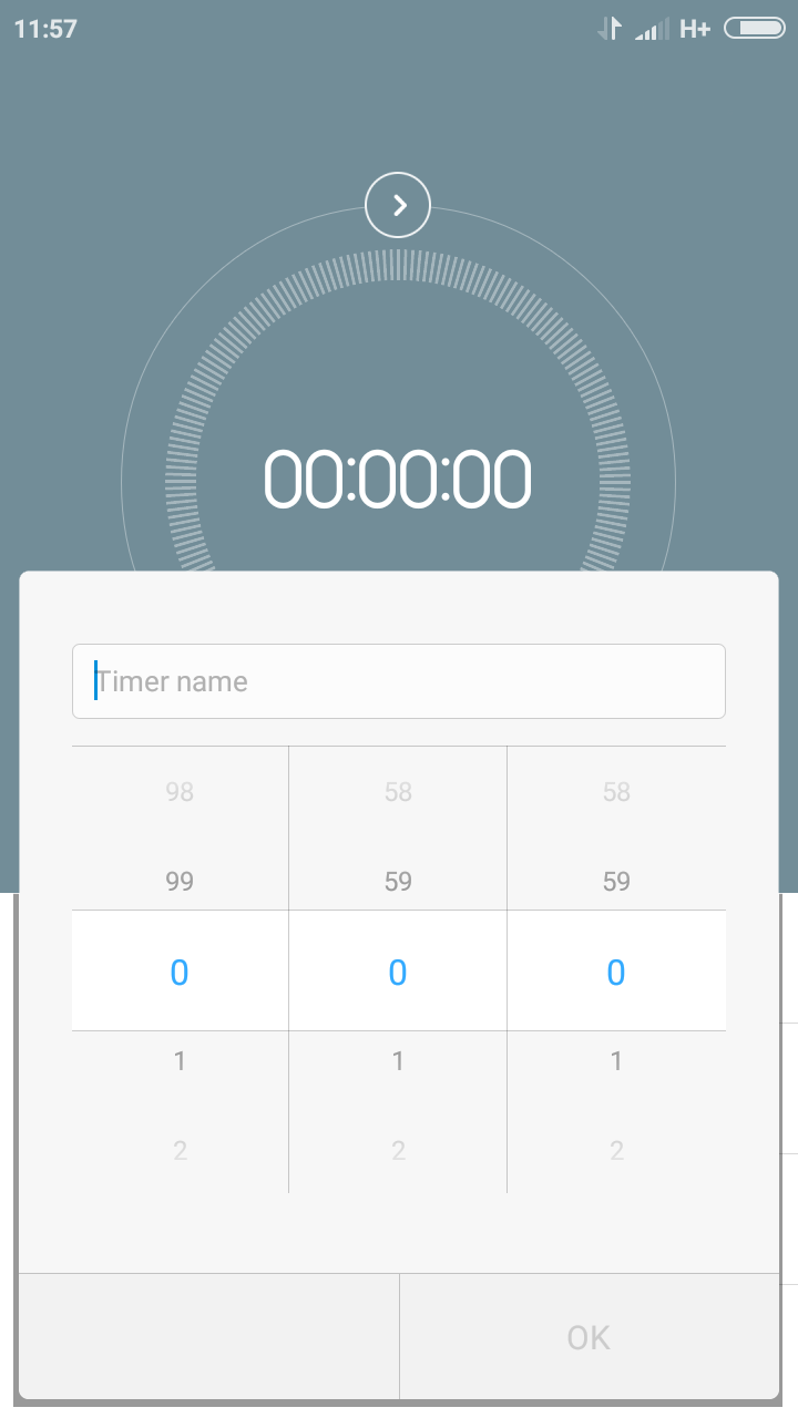 a half page comes yp from the bottom to just more than half way. at the bottom is the cancel and ok button. above that is a scrolling timer with hour on the left, minute inthe middle and seconds on the right side. above that is a bar where you can set the timer