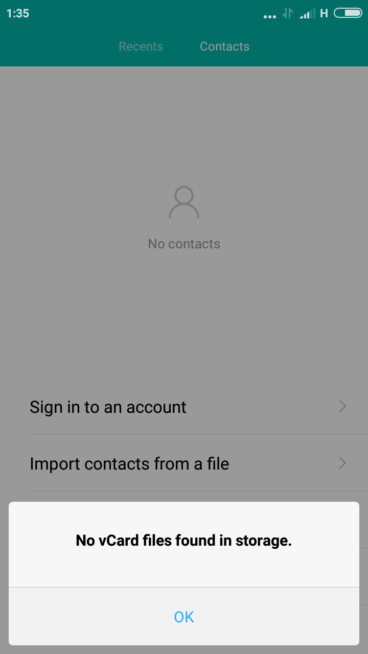 no vcard files found in storage. the ok button is found at the bottom of the screen