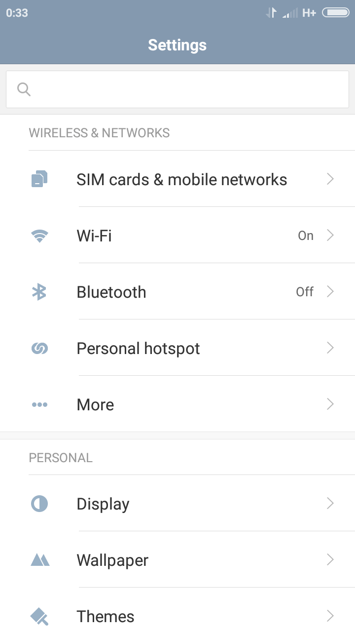 Under the wireless and networks headin you find: sim cards and mobile networks, wi-fi, bluetooth, personal hotspot, and a more button