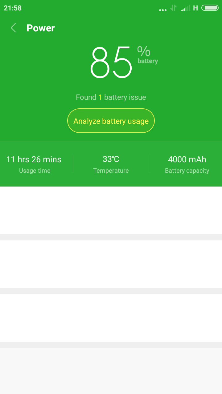 security battery landing page. the back to power is in the top left hand corner about 1.5 cm from the top. just below power but to the center is where it tells you what the battery percentage is. it does not say 85%. Is says 85 only. below that is where the issues are. below that is the analyse battery. Just above halfway but below analyse battery is a bar stretching from left to right. left button is  amount of time of usage left. the center button  is  labeled only as temperature. the left info is battery capacity. there are three buttons below that. Thery stretch from the left top the right of the screen and about 1cm thick. Battery saver, battery use, app battery saver 