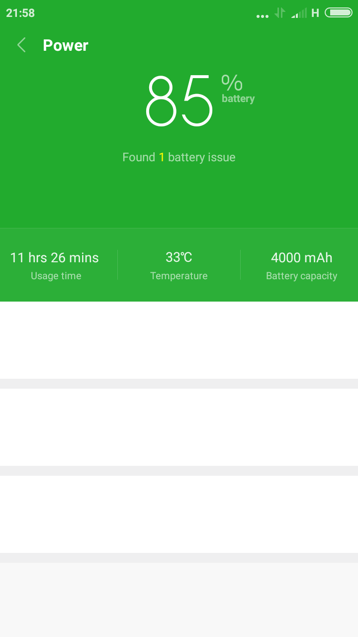 security battery landing page. the back to power is in the top left hand corner about 1.5 cm from the top. just below power but to the center is where it tells you what the battery percentage is. it does not say 85%. Is says 85 only. below that is where the issues are. below that is the analyse battery. Just above halfway but below analyse battery is a bar stretching from left to right. left button is  amount of time of usage left. the center button  is  labeled only as temperature. the left info is battery capacity. there are three buttons below that. Thery stretch from the left top the right of the screen and about 1cm thick. Battery saver, battery use, app battery saver 