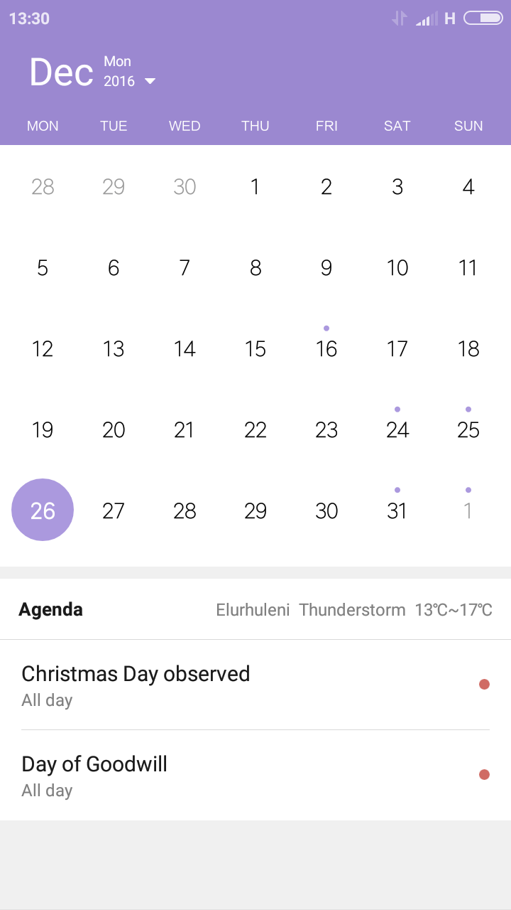 in the top left hand corner about 1.5 cm from the top edge is the month and day. to the right is an unlabeled button which takes you to where you can jump to date etc. below that is the calendar. mon on the left. below the calendar is the agenda button. in the bottom right hand corner is the unlabeled button that lets you add a dat to the calendar