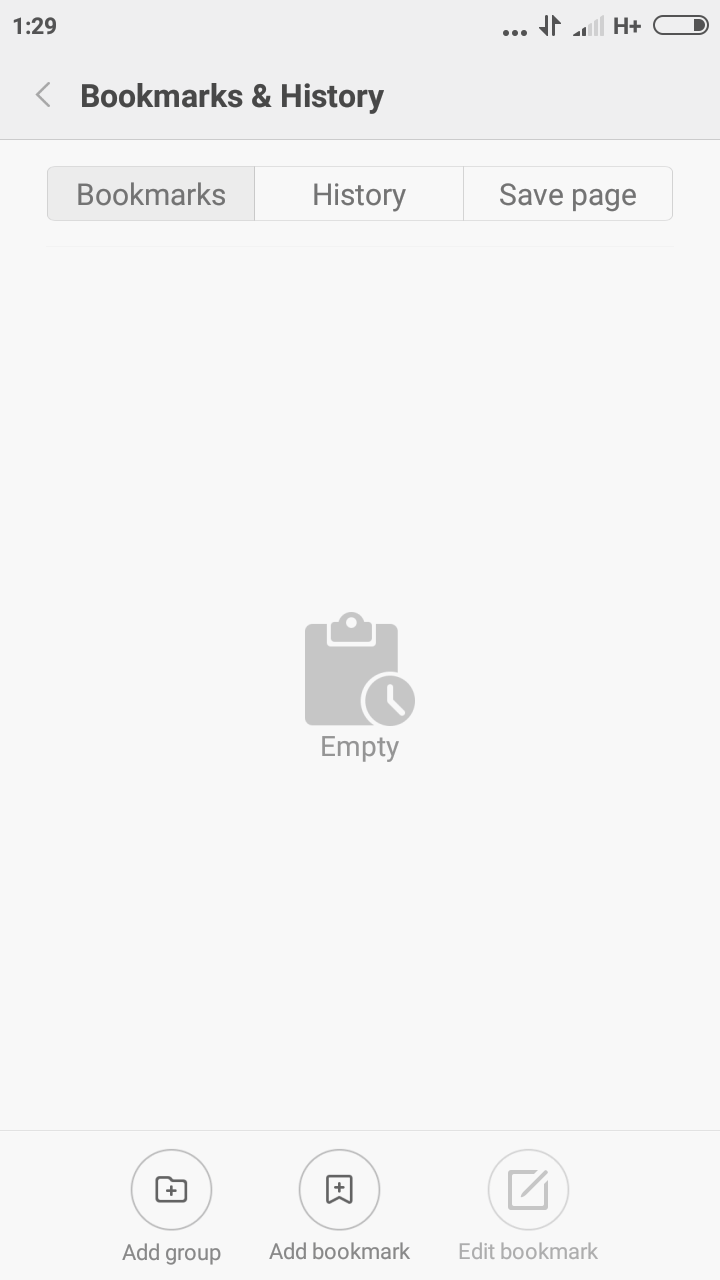 bookkmarks and history landing page. there are three buttons in the top bar that are about 3 cm from the top. the three buttons are bookmarks, history and save page. below that is a multi view page that takes up almost the rest of the screen. at the bottom are add group button, add bookmark button and edit bookmark
