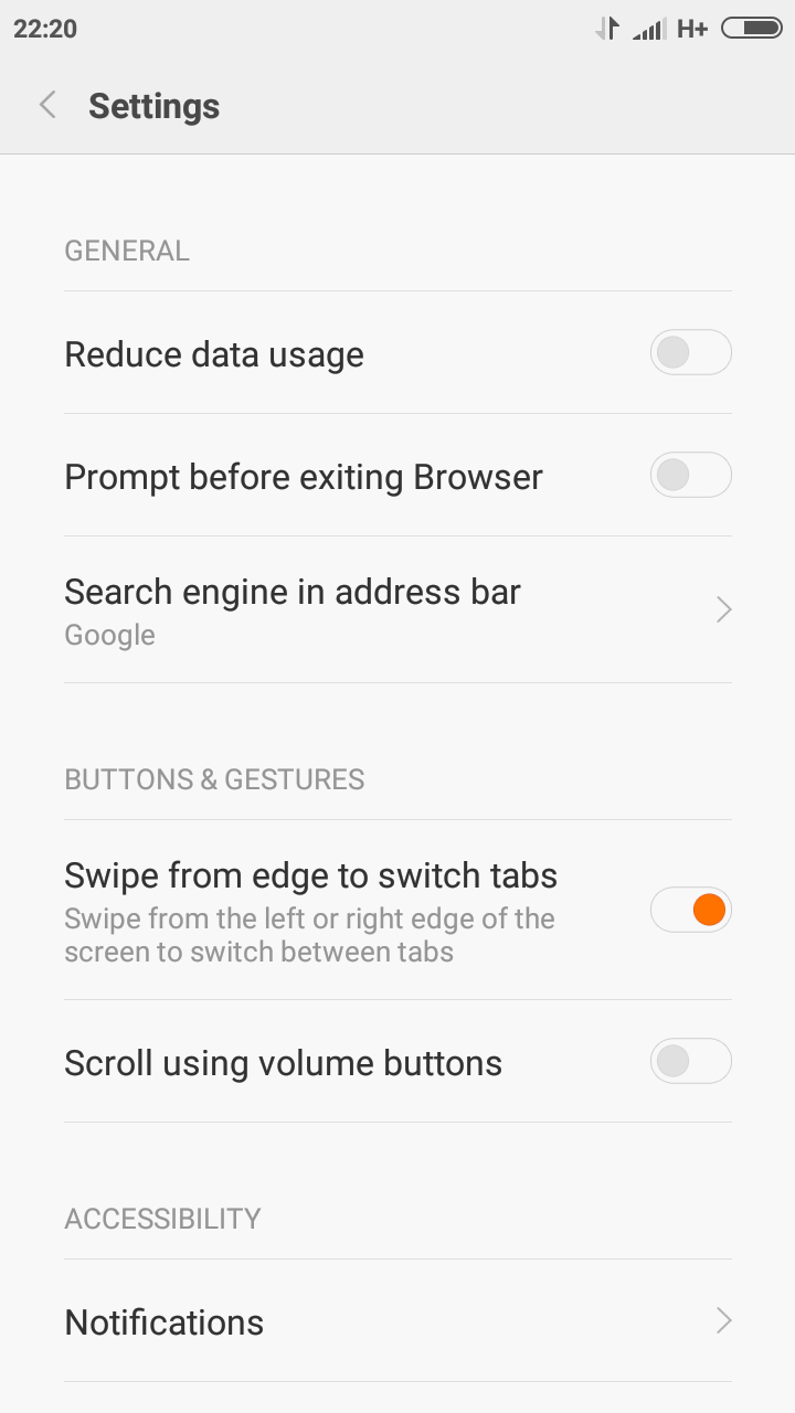 4 headings in the settings landing page. General is heading one with the following reduce data usage, prompt before exiting browser, search engine in address bar. the next heading is Buttons and gestures with the following options, swipe from edge to switch tabs, scroll using volume buttons. heading three is accessibility with notifications, search barin notifications shade, webpage text size and the last heading is other, privacy and security, clear data advanced, send feedback and version info. there is a button at the bottom of the screen reset to defaults button