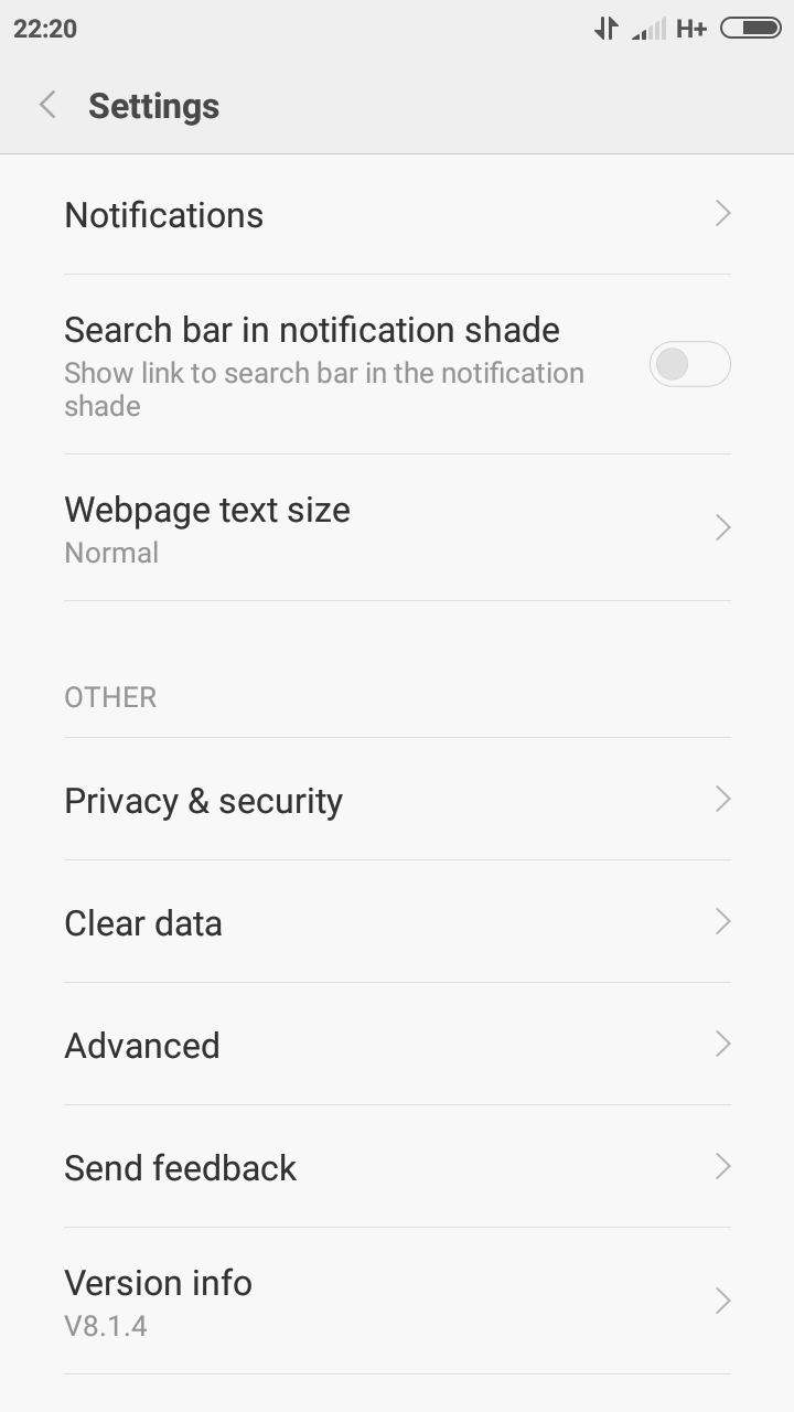 4 headings in the settings landing page. General is heading one with the following reduce data usage, prompt before exiting browser, search engine in address bar. the next heading is Buttons and gestures with the following options, swipe from edge to switch tabs, scroll using volume buttons. heading three is accessibility with notifications, search barin notifications shade, webpage text size and the last heading is other, privacy and security, clear data advanced, send feedback and version info. there is a button at the bottom of the screen reset to defaults button